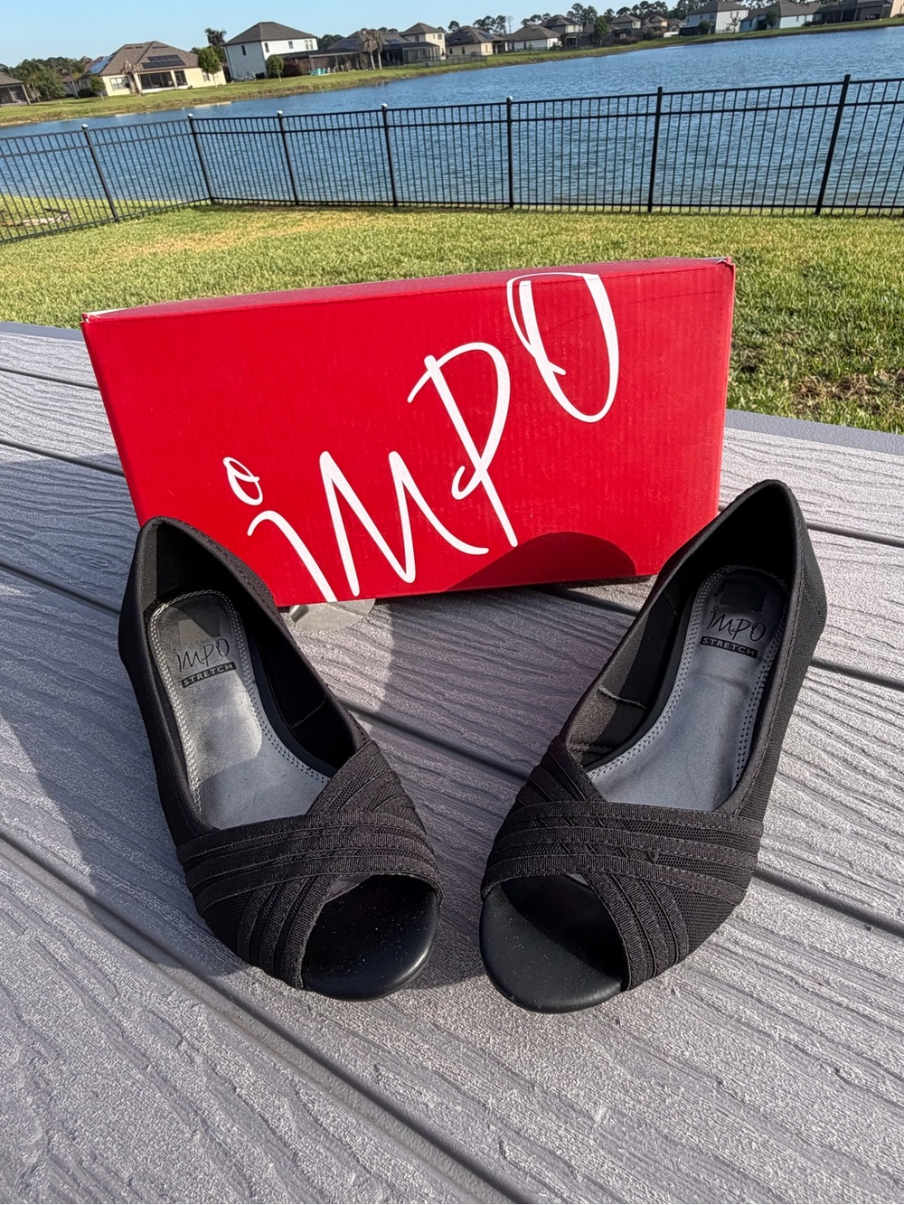 IMPO RAINFALL BLACK STRETCH CRISSCROSS PEEP-TOE WEDGE HEELS